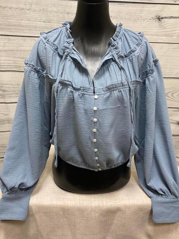 blue ruffle blouse