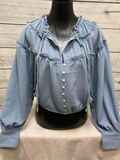 blue ruffle blouse